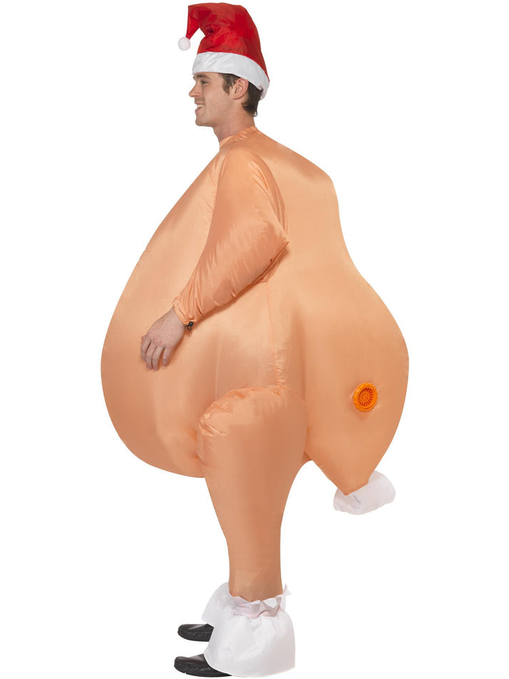 Inflatable Roast Turkey Costume Adult Nude Bodysuit with Self Inflating Fan and Xmas Hat