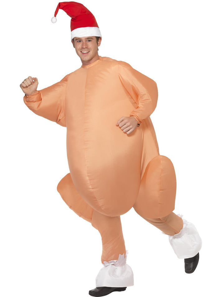 Inflatable Roast Turkey Costume Adult Nude Bodysuit with Self Inflating Fan and Xmas Hat