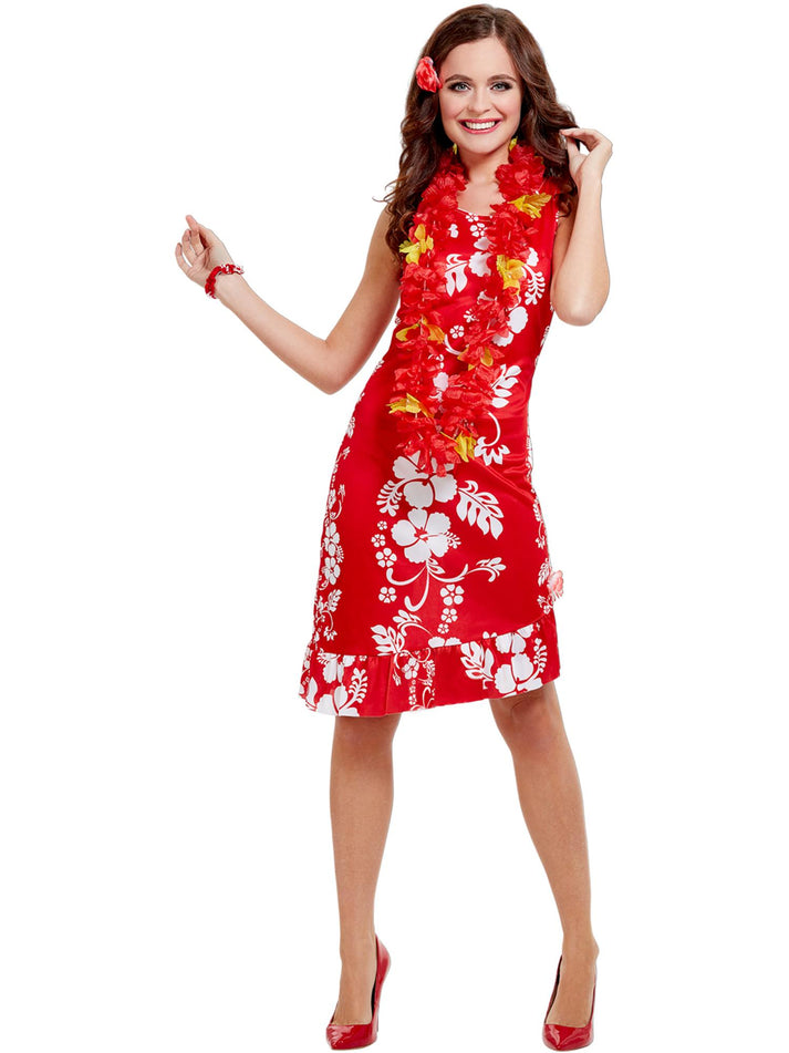 Hawaiian Beauty Costume Adult Red White Dress Hairpiece and Bracelet 4
