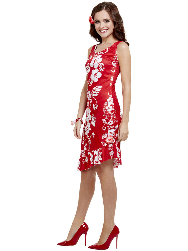 Hawaiian Beauty Costume Adult Red White Dress Hairpiece and Bracelet 2