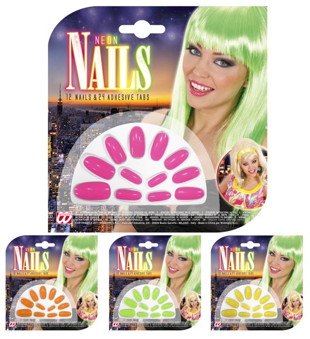 Set Of 12 Neon Nails With 24 Adhesive Tabs - 4 Colors Ass.