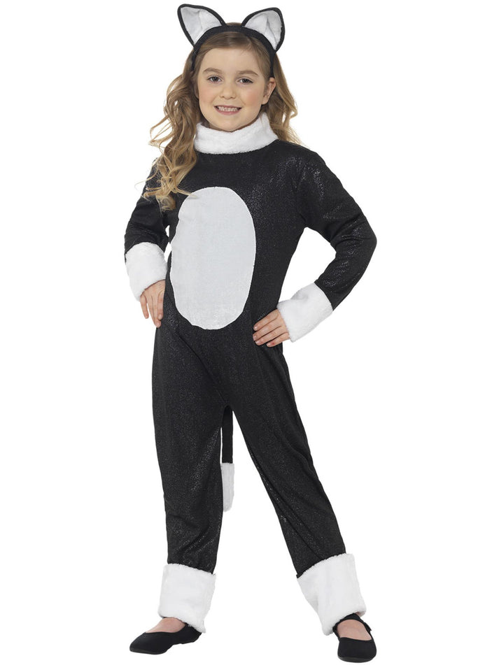 Cool Cat Kids Costume Black White Jumpsuit Tail And Cat Ears Headband