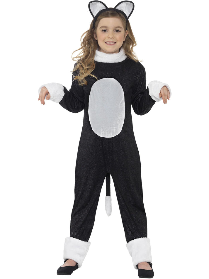 Cool Cat Kids Costume Black White Jumpsuit Tail And Cat Ears Headband