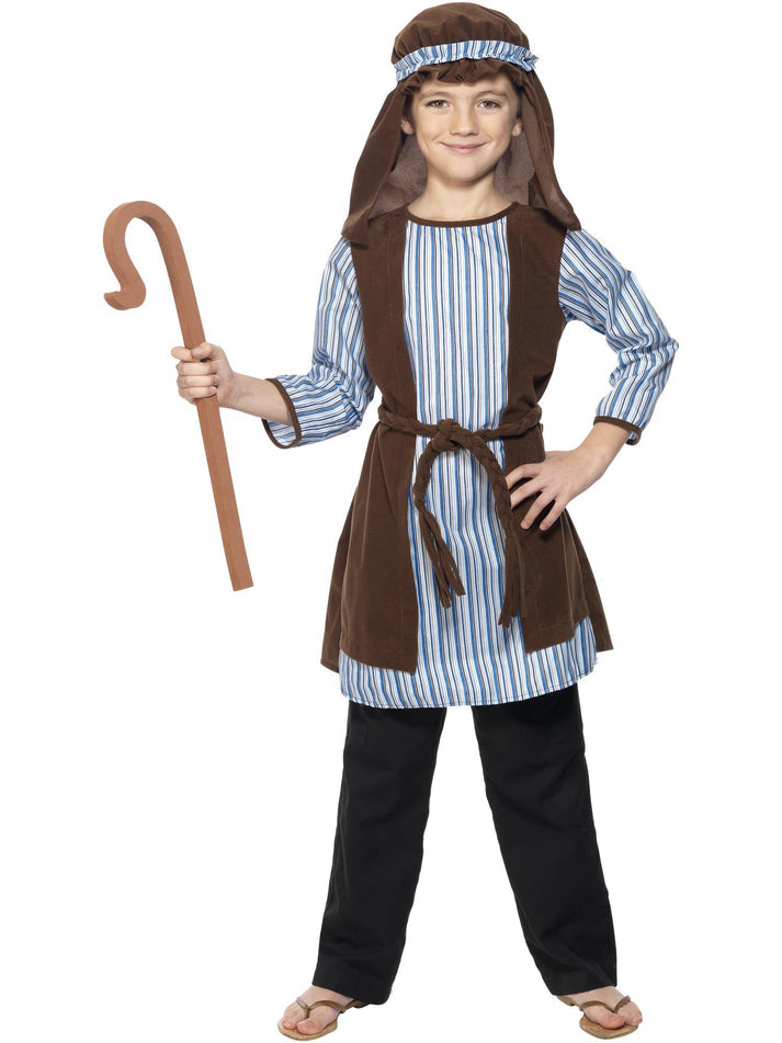 Shepherd Costume Kids Brown and Blue Robe Headpiece and EVA Staff 1
