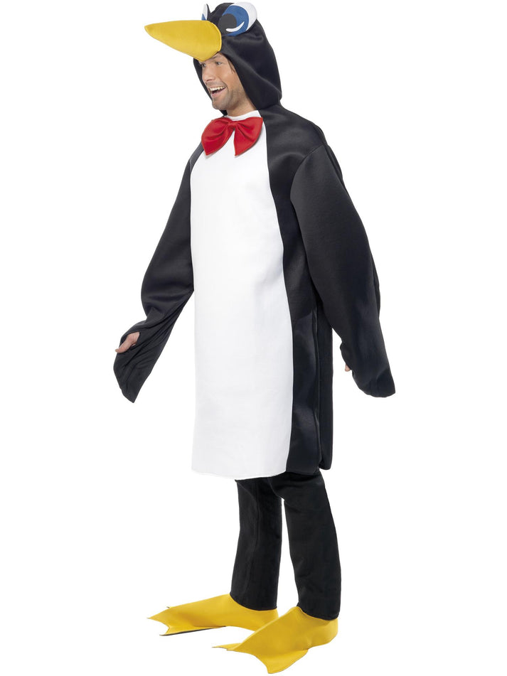 Penguin Costume Adult Black White Bodysuit Red Bow Tie and Yellow Bootcovers