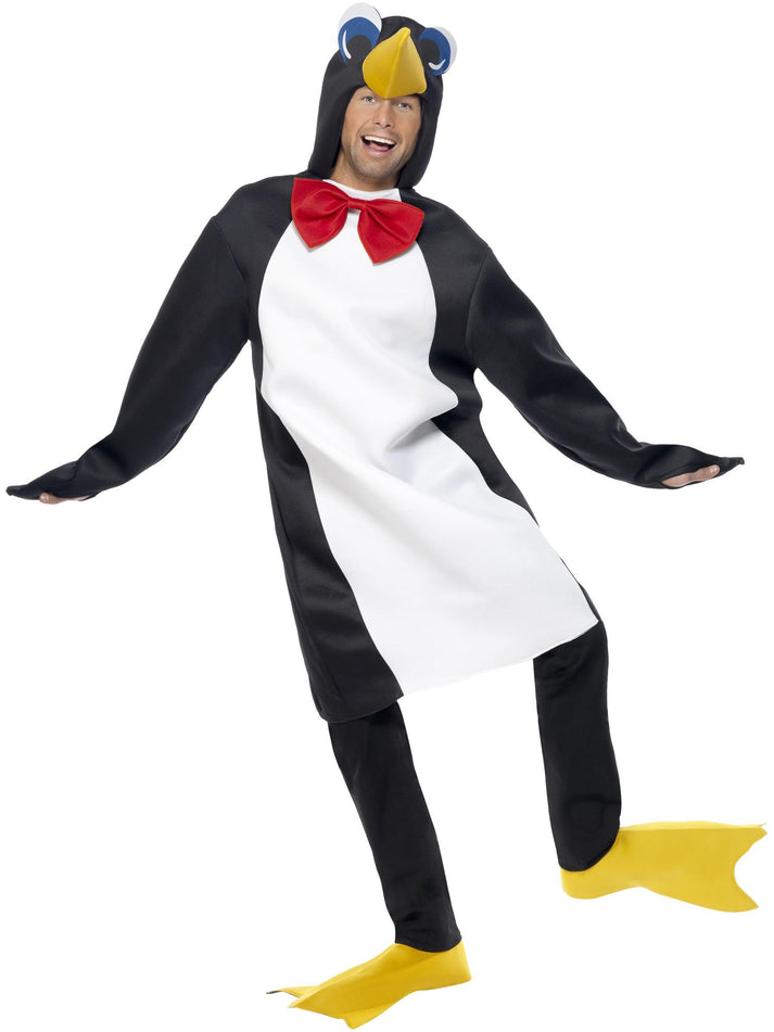 Penguin Costume Adult Black White Bodysuit Red Bow Tie and Yellow Bootcovers