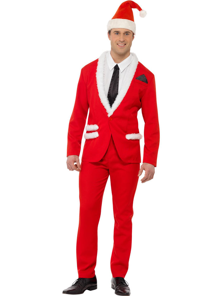 Santa Cool Costume Adult Red Jacket Trousers Hat Mock Shirt and Tie 4