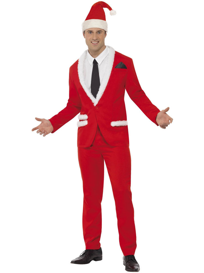 Santa Cool Costume Adult Red Jacket Trousers Hat Mock Shirt and Tie 1