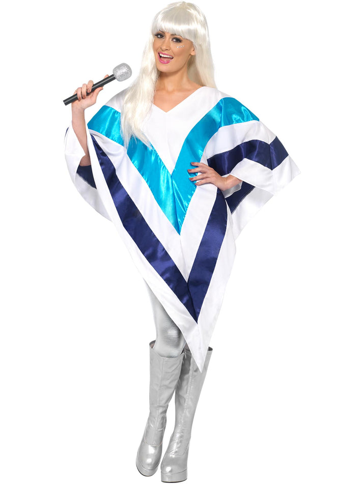 70s Super Trooper ABBA Poncho Adult White Blue 2