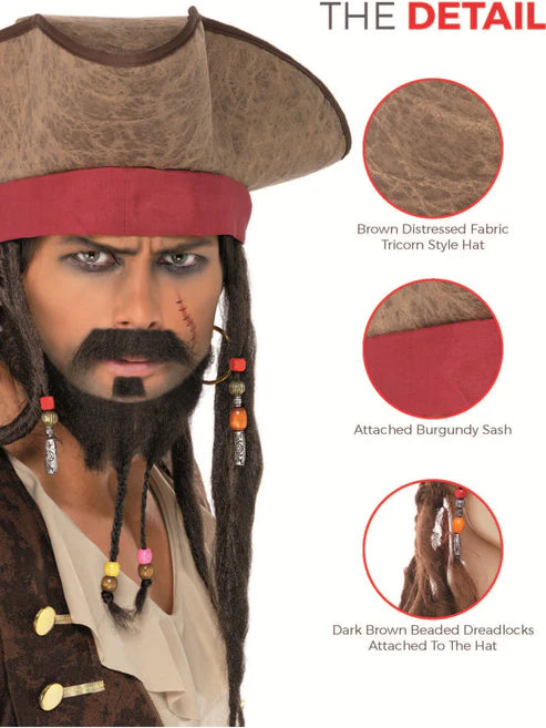 Pirate Hat with Hair Dreadlocks Jack Sparrow Costume Accessory 2