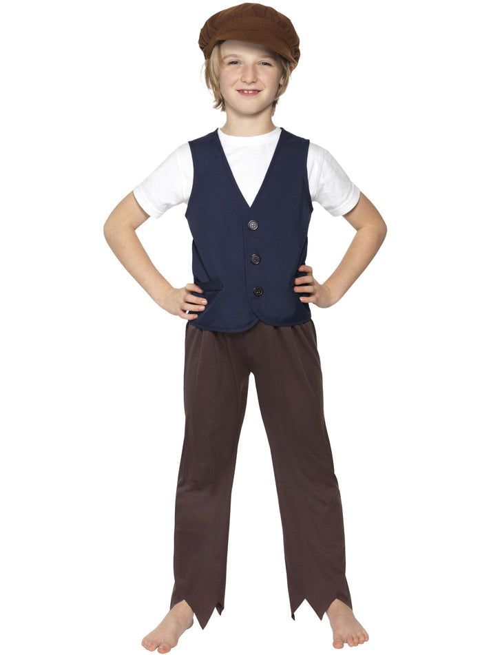 Victorian Poor Peasant Boy Kit Kids Blue Waistcoat Brown Trousers and Hat 4
