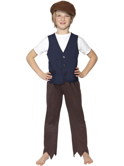 Victorian Poor Peasant Boy Kit Kids Blue Waistcoat Brown Trousers and Hat 4