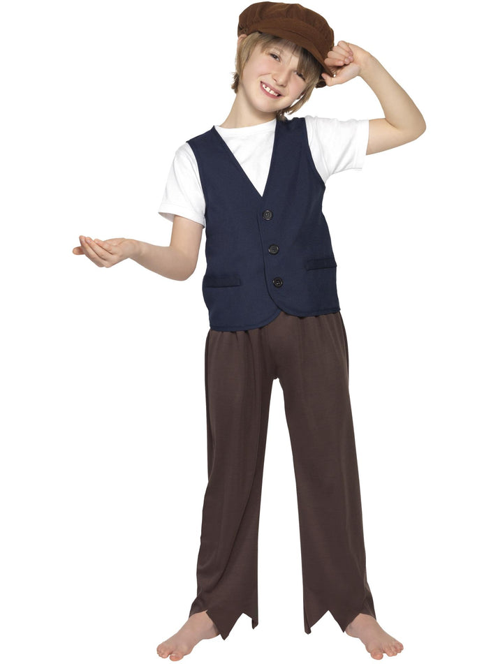 Victorian Poor Peasant Boy Kit Kids Blue Waistcoat Brown Trousers and Hat