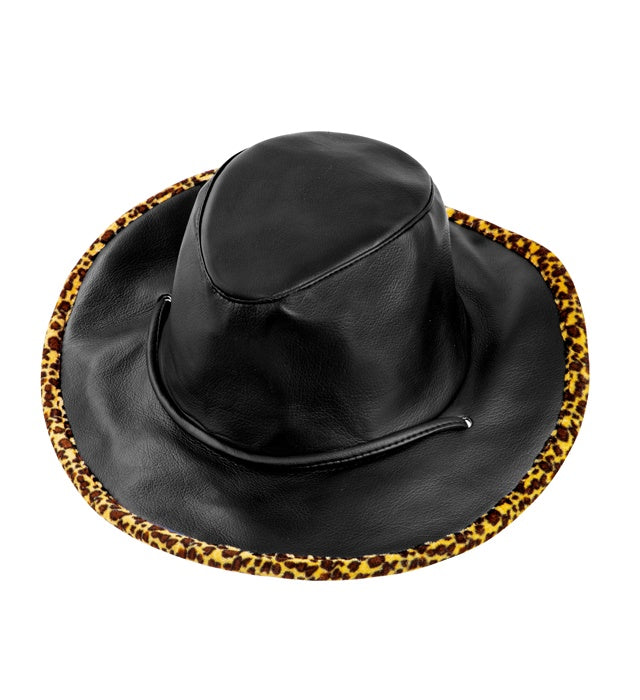 Black Leatherlook Cowboy Hat Withleopard Trim
