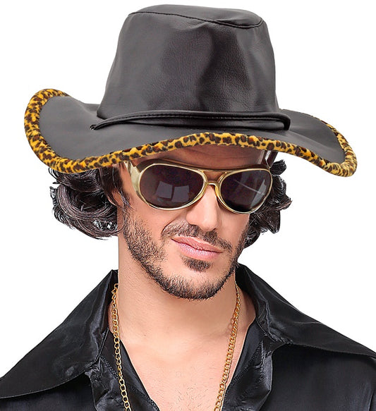 Black Leatherlook Cowboy Hat Withleopard Trim
