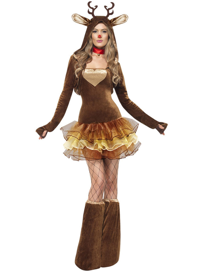 Fever Reindeer Costume Adult Brown Tutu Dress Detachable Clear Straps Hooded Jacket and Bootcovers