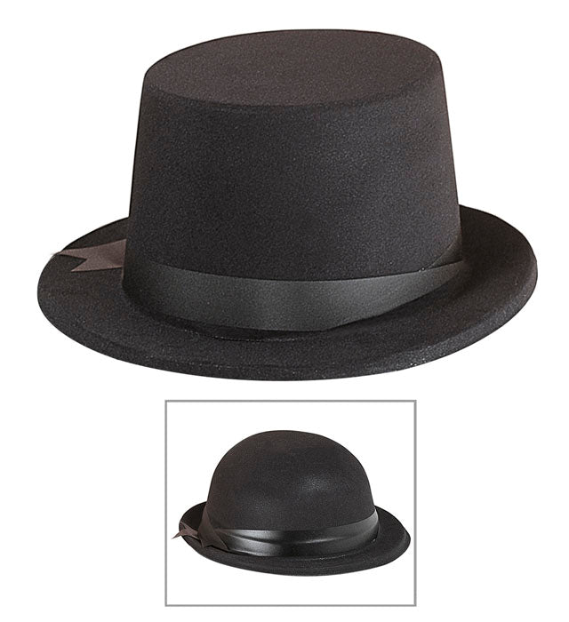 Flocked Top Hat & Bowler Hat With Decorative Ribbon