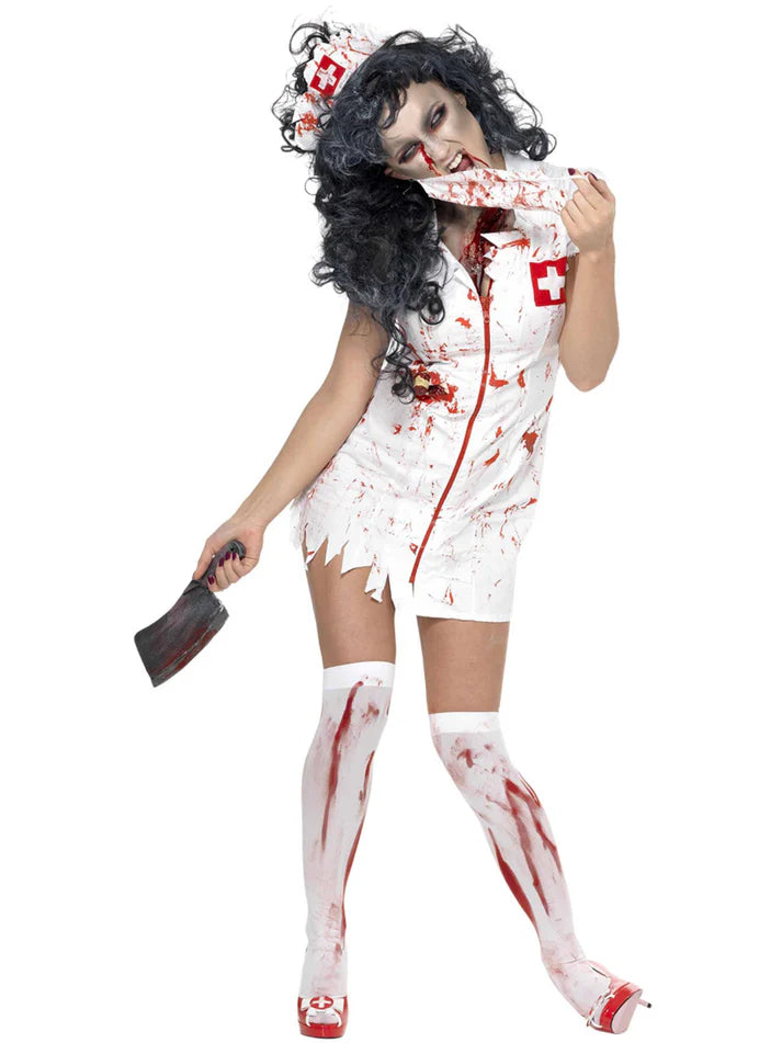 Zombie Nurse Costume Ladies White Dress with Latex Wound Detail