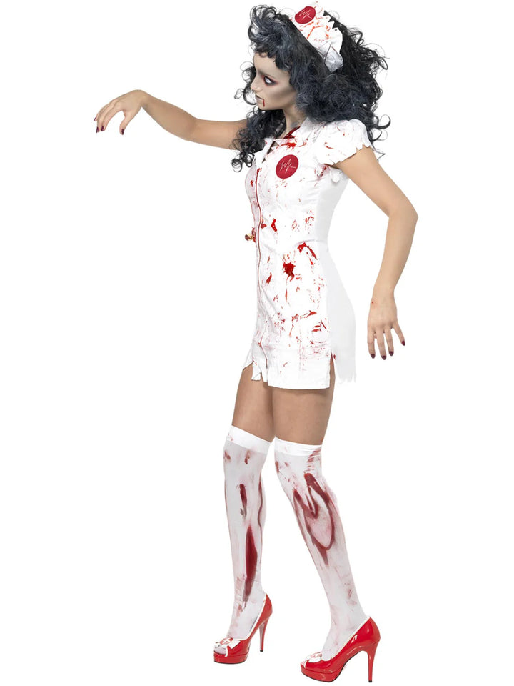 Zombie Nurse Costume Ladies White Dress with Latex Wound Detail