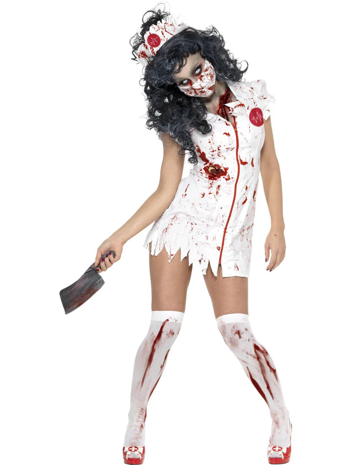 Zombie Nurse Costume Ladies White Dress with Latex Wound Detail 1
