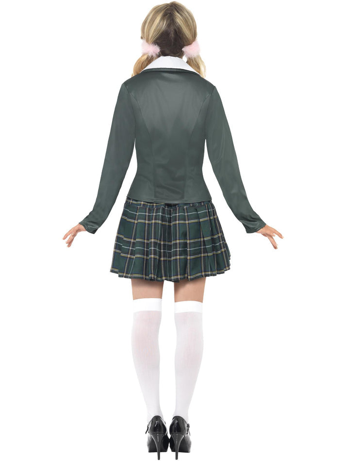 Preppy Schoolgirl Costume Adult Green White Shirt Skirt Blazer and Marabou Hair Ties 3