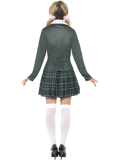 Preppy Schoolgirl Costume Adult Green White Shirt Skirt Blazer and Marabou Hair Ties 3