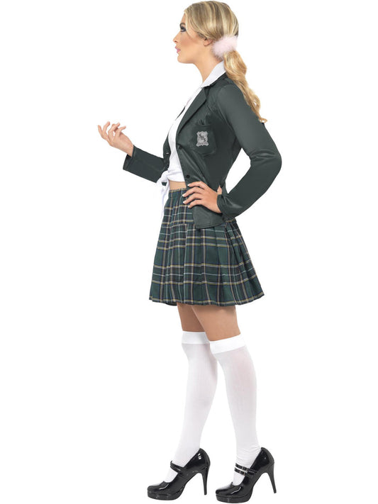 Preppy Schoolgirl Costume Adult Green White Shirt Skirt Blazer and Marabou Hair Ties 2