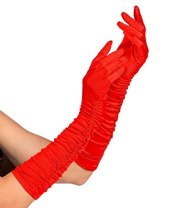Red Plissé Satin Elastane Gloves 44 Cm