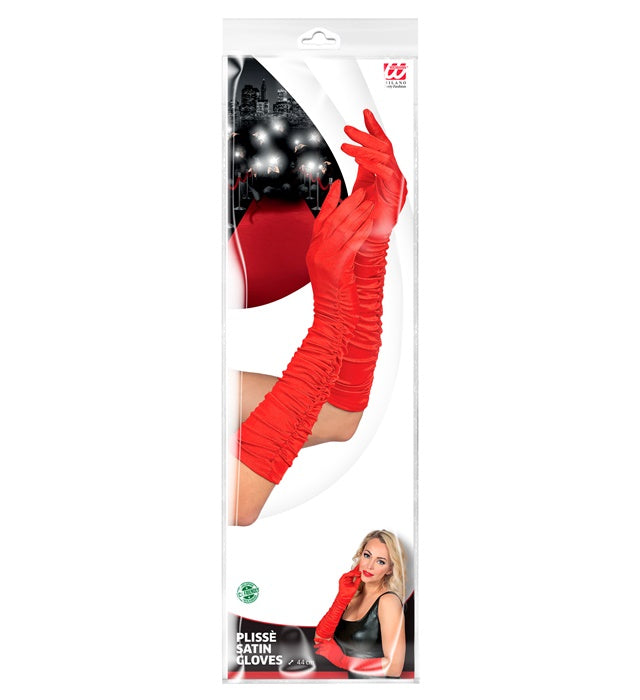 Red Plissé Satin Elastane Gloves 44 Cm