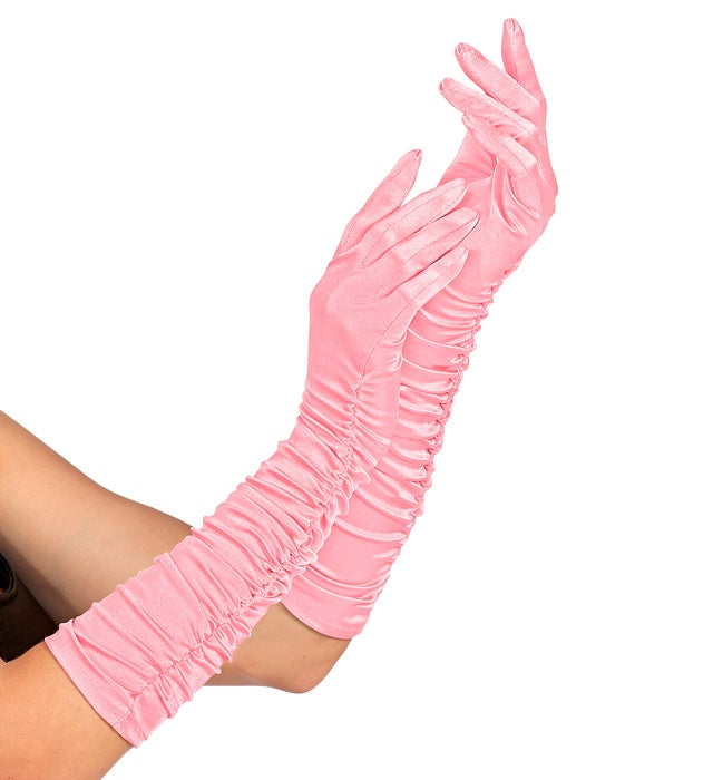 Pink Plissé Satin Elastane Gloves 44 Cm