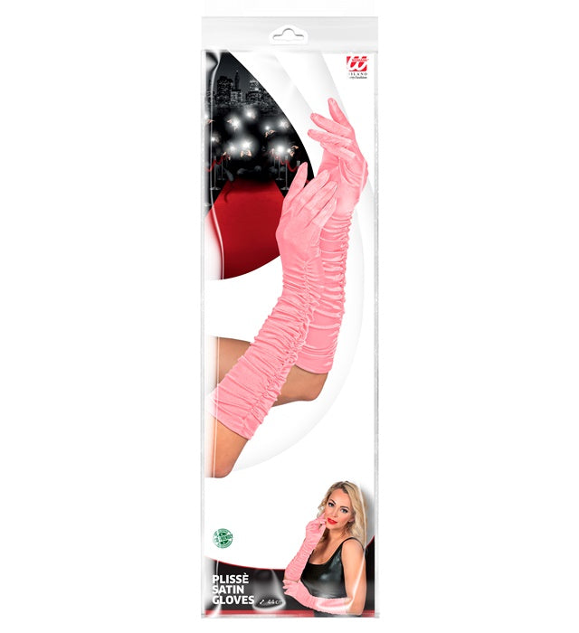 Pink Plissé Satin Elastane Gloves 44 Cm