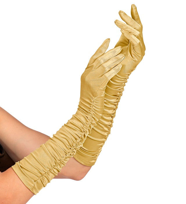 Gold Plissé Satin Elastane Gloves 44 Cm