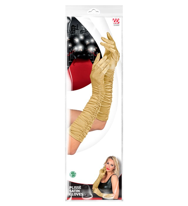 Gold Plissé Satin Elastane Gloves 44 Cm