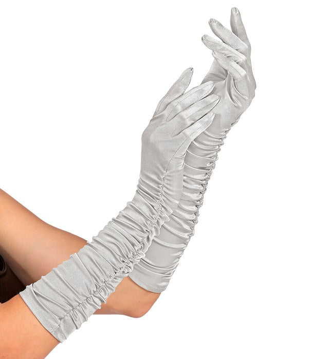 Silver Plissé Satin Elastane Gloves 44 Cm