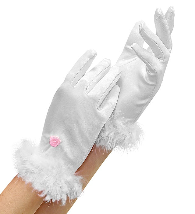White Satin Gloves With Marabou Trim Child Size