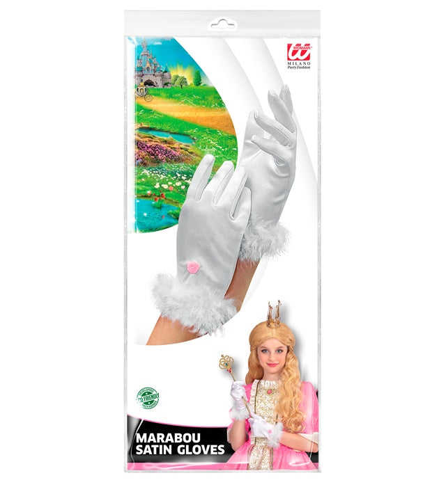 White Satin Gloves With Marabou Trim Child Size