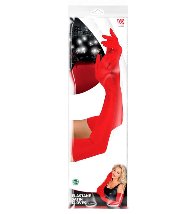 Red Long Elastane Satin Gloves 60 Cm