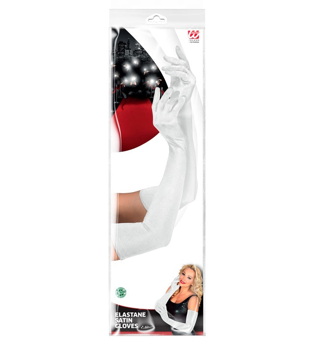 White Long Elastane Satin Gloves 60 Cm