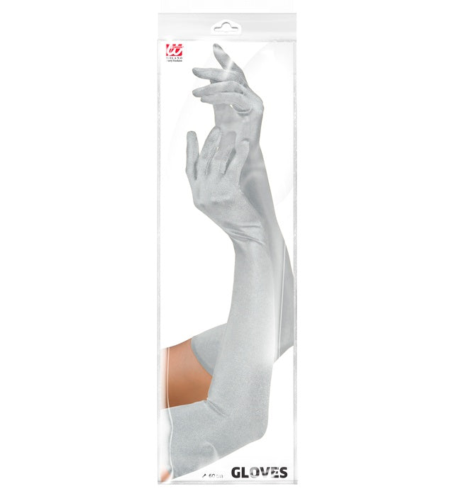 Silver Long Elastane Satin Gloves 60 Cm