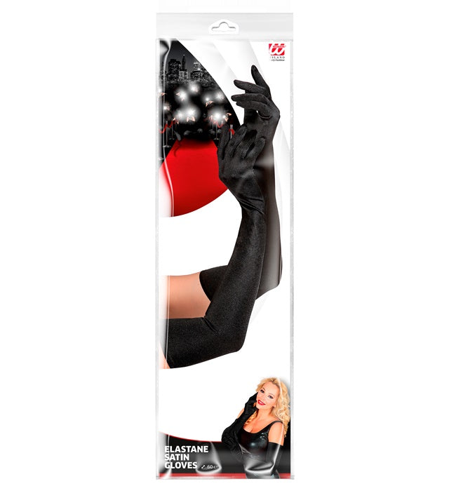 Black Long Satin Elastane Gloves 60 Cm