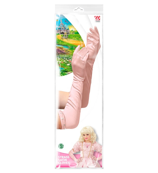 Pink Long Satin Gloves With Strass Trim Child Size