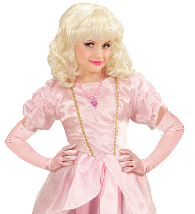Pink Long Satin Gloves With Strass Trim Child Size