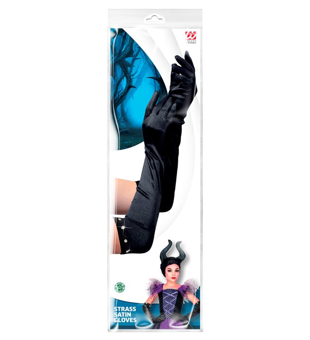 Black Long Satin Gloves With Strass Trim Child Size