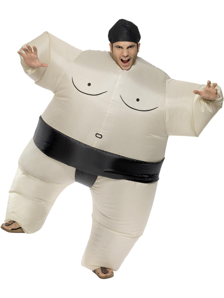 Sumo Wrestler Costume White Inflatable Bodysuit and Black Headpiece 1