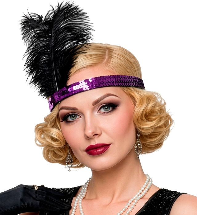 Purple Sequin Headband With 2 Feathers 25 Cm