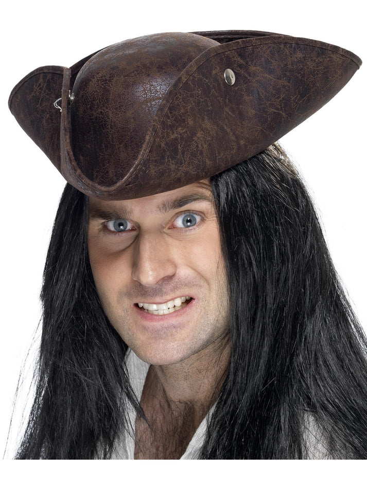 Pirate Tricorn Hat Brown Distressed Leather Look Adult Costume Accessory 1
