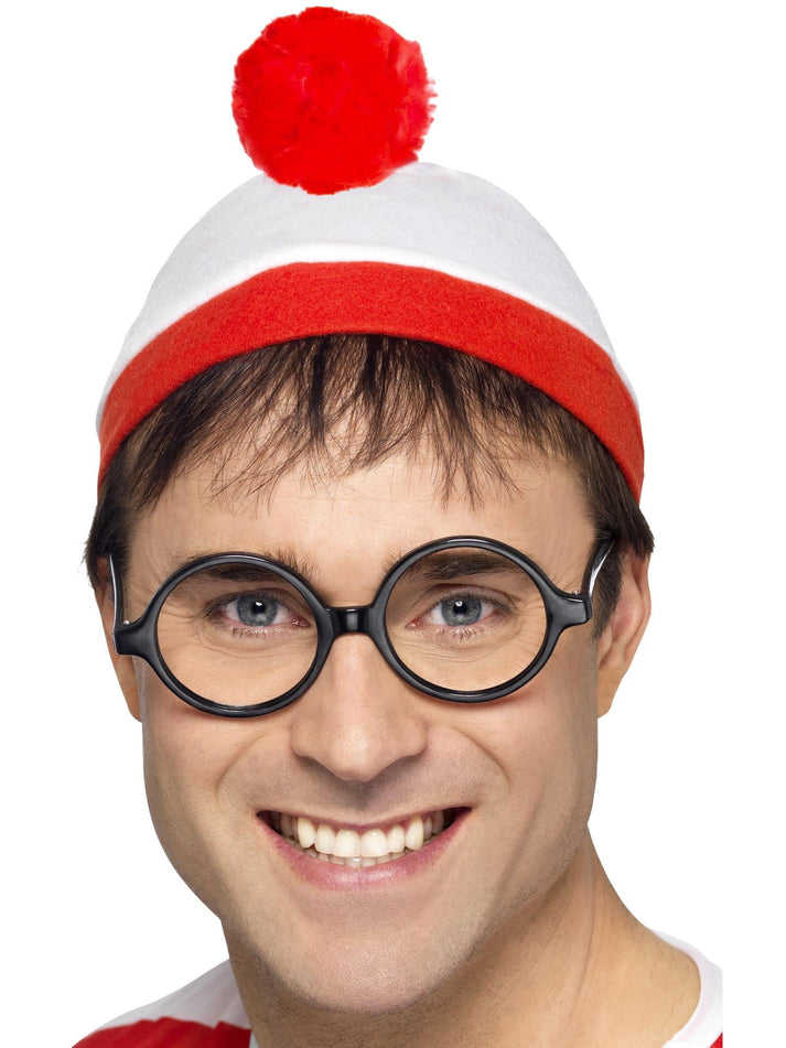 Wheres Wally Instant Kit Adult White Red Bobble Hat and Black Glasses