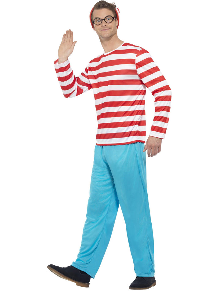 Wheres Wally? Licensed Costume Adult Red White Blue Trousers Top Hat and Glasses 4