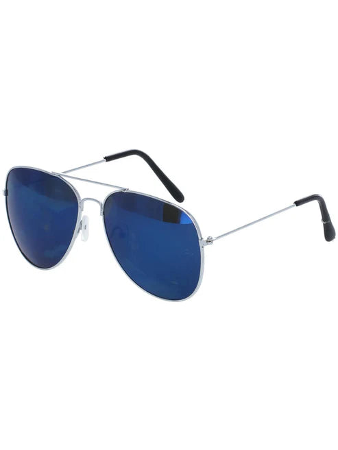 Aviator Specs Blue Mirror Adult Silver Framed Cop Costume Glasses 2
