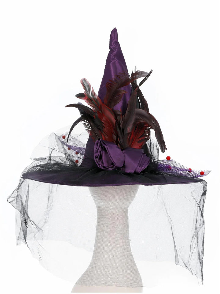 Witch Hat Adult Purple Feathers Netting Halloween Costume